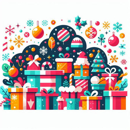 Christmas and New Year background with gifts. Vector illustration in flat style.のイラスト素材