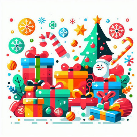 Christmas and New Year background with gift boxes, Christmas tree, snowman, candy cane, snowflakes. Vector illustration.のイラスト素材