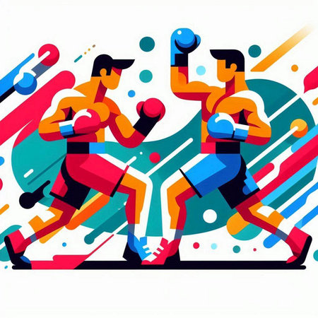 Boxing competition, two boxers fighting, sport vector illustration on colorful background.のイラスト素材