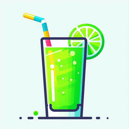 Cocktail with lime and straw. Vector illustration in flat styleのイラスト素材