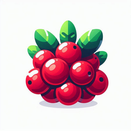 Cranberry vector illustration. Red berry with green leaves.のイラスト素材
