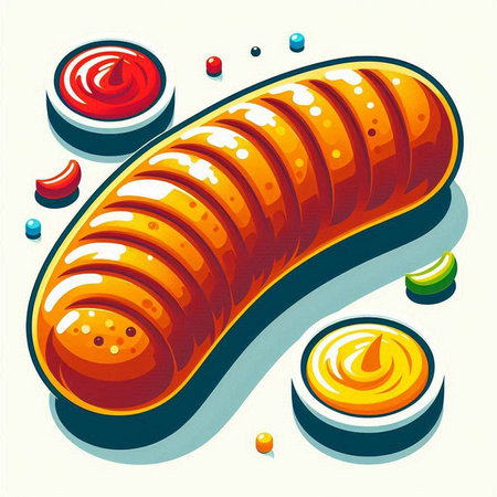 Vector illustration of a slice of salami with ketchup and mustardのイラスト素材