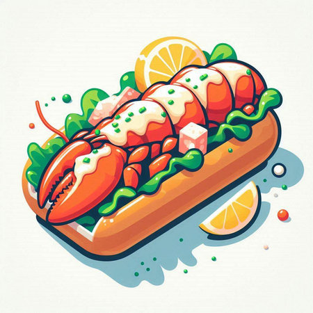 Lobster sandwich with lemon and salad. Vector illustration on white background.のイラスト素材