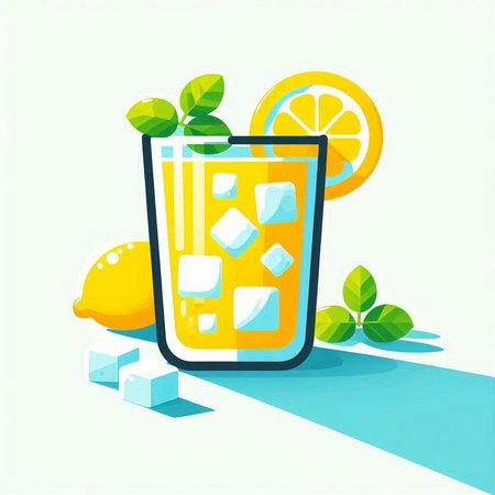 Glass of lemonade with ice cubes and lemon slices. Vector illustration.のイラスト素材