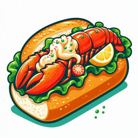 Vector illustration of a hot dog with mayonnaise, lettuce, tomato and lemonのイラスト素材