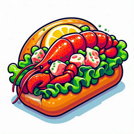 Vector illustration of a hot dog with shrimp, lettuce and lemon.のイラスト素材