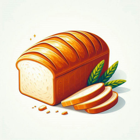 Vector illustration of a loaf of bread with slices and green leaves.のイラスト素材