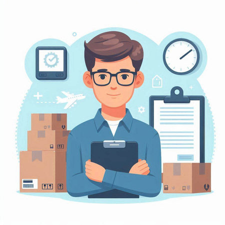 Vector illustration of a man with a tablet in his hands and boxes.のイラスト素材