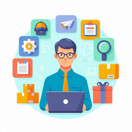 Businessman with laptop and icons. Vector illustration in flat style.のイラスト素材