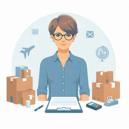 Young man is working at home with cardboard boxes around him. Vector illustration.のイラスト素材