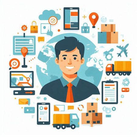 Delivery and logistics concept. Flat vector illustration of man character with world map and icons around.のイラスト素材