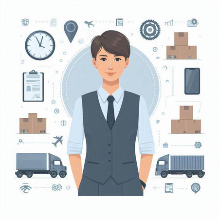 Vector illustration of a young man in a business suit with a set of icons.のイラスト素材