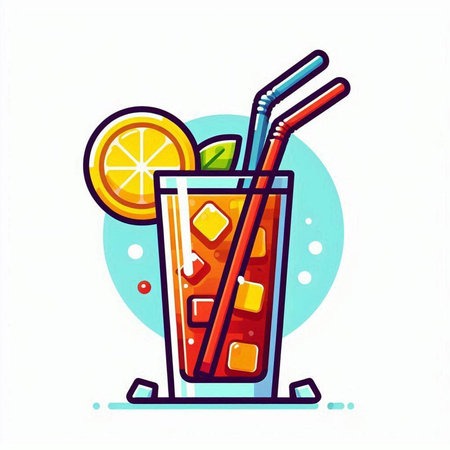 Cocktail with orange slice and straw. Vector illustration in flat styleのイラスト素材