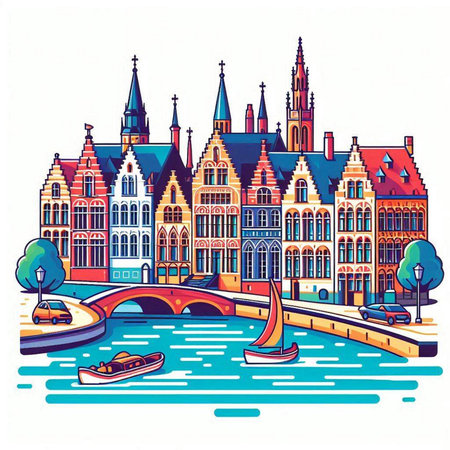 Bruges, Belgium. Colorful hand drawn vector illustration.のイラスト素材