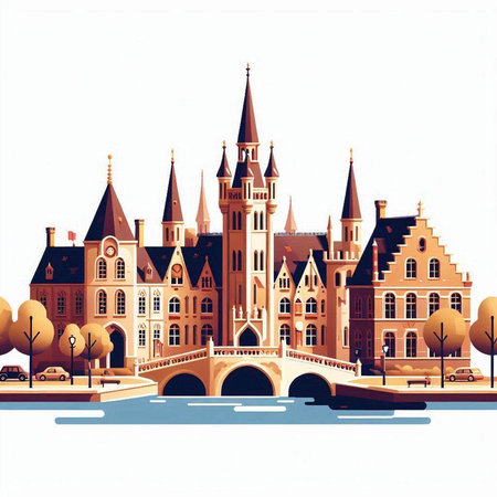 Bruges, Belgium. Vector illustration of the cityscape.のイラスト素材