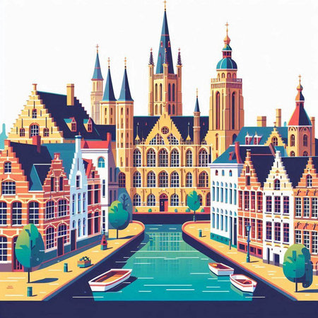 Bruges, Belgium. Landmarks of the city. Vector illustrationのイラスト素材