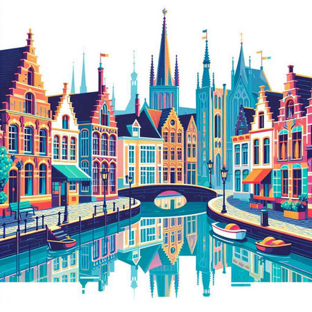 Amsterdam canal with gondolas and houses. Vector illustration.のイラスト素材