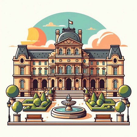 Town hall building with fountain on the background of the sun. Vector illustration.のイラスト素材