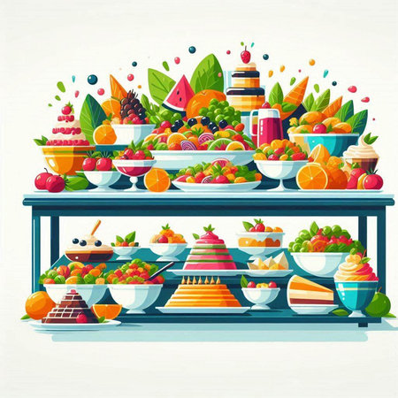 Vector illustration of a buffet with fruits and cakes in cartoon style.のイラスト素材