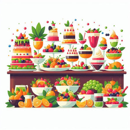 Fruit buffet. Vector illustration in flat cartoon style. Isolated on white background.のイラスト素材