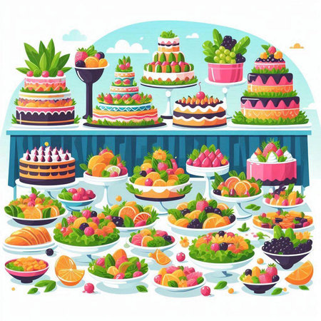 Vector illustration of a variety of fruit cakes on a white background.のイラスト素材