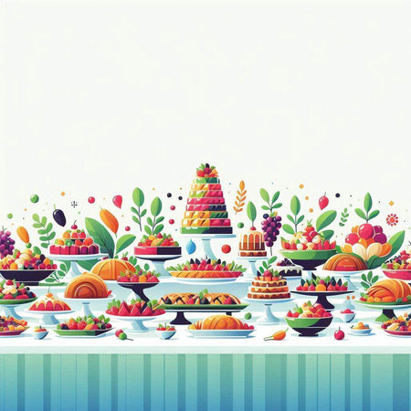 Illustration of a table full of fruit and cakes on a white backgroundのイラスト素材