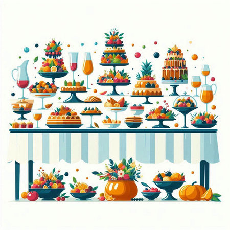 Dessert table with cake, fruit and wine. Vector illustration.のイラスト素材
