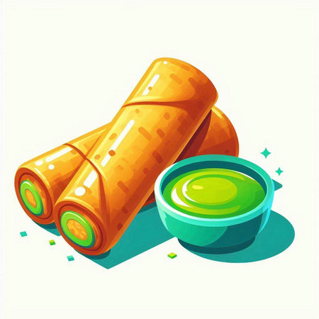 Vector illustration of spring rolls in cartoon style with a bowl of sauceのイラスト素材