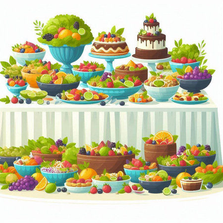 Bowls with fresh fruit and cake on table. Vector illustration.のイラスト素材
