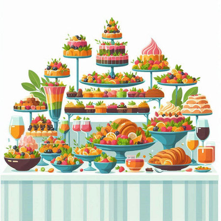 Illustration of a table full of different fruits and cakes on a white backgroundのイラスト素材