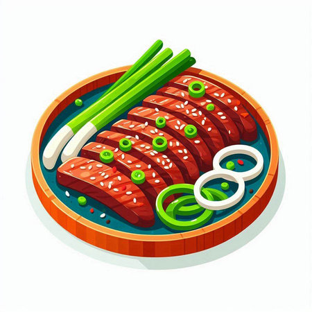 Sliced raw beef meat with green onion and parsley on wooden plate vector illustrationのイラスト素材