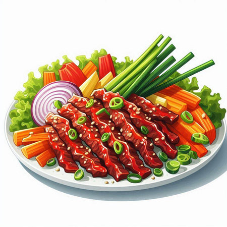 Illustration of a plate of sliced beef with vegetables on a white backgroundのイラスト素材