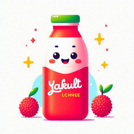 Cute milk bottle with lychee fruit. Vector illustration.のイラスト素材