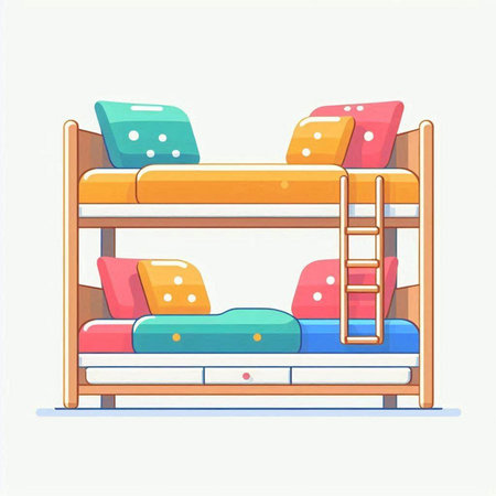 Bunk bed with colorful pillows. Vector illustration in cartoon style.のイラスト素材