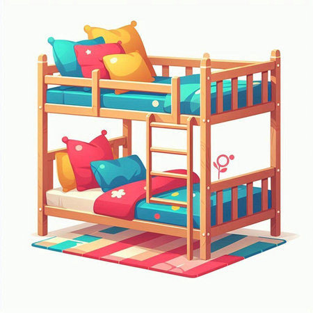 Wooden bunk bed with pillows and plaids. Vector illustration.のイラスト素材