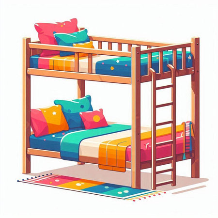 Wooden bunk bed with colorful pillows and blanket. Vector illustration.のイラスト素材
