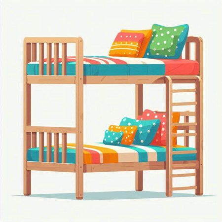 Vector illustration of a wooden bunk bed with colorful pillows and cushions.のイラスト素材