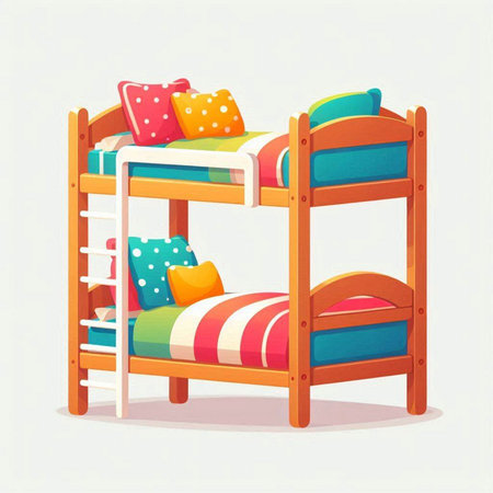 Vector illustration of a wooden bunk bed with pillows in cartoon styleのイラスト素材