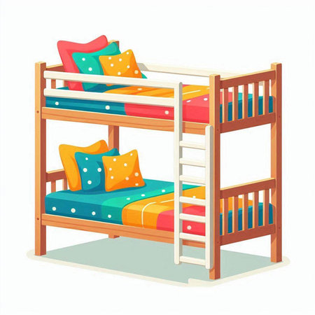 Bunk bed with colorful pillows. Vector illustration isolated on white background.のイラスト素材