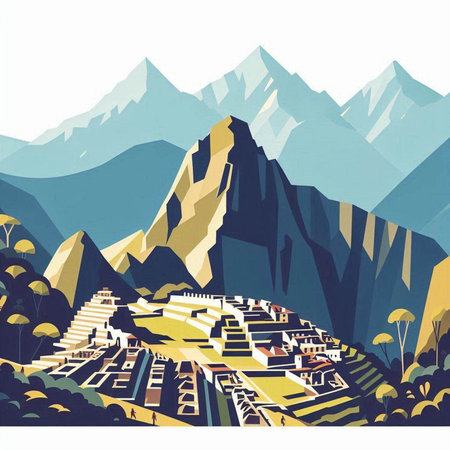 Landscape with mountains and houses. Vector illustration of a mountain landscape.のイラスト素材