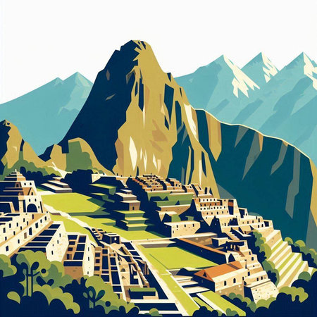 Mountain landscape with ancient buildings. Vector illustration in a flat style.のイラスト素材