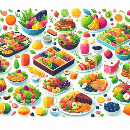 Healthy food background with fruits and vegetables. Vector illustration in cartoon styleのイラスト素材