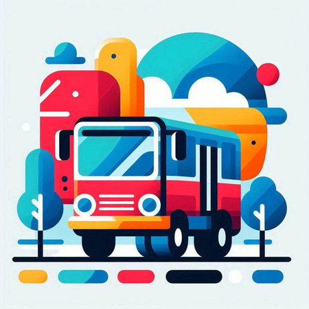 School bus in the city. Vector illustration in flat design style.のイラスト素材