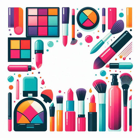Vector round frame with decorative cosmetics, makeup brushes, eyeshadow palette, lipstick, nail polish, eyeliner, mascara, eyeliner, eye shadows, blush, powder.のイラスト素材