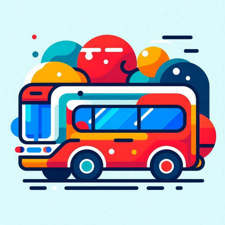 Colorful line art illustration of a bus on a blue background. Vector illustrationのイラスト素材