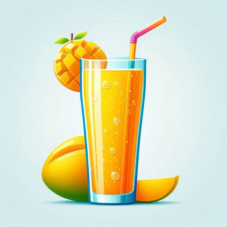 Mango juice in a glass with a straw. Vector illustration.のイラスト素材