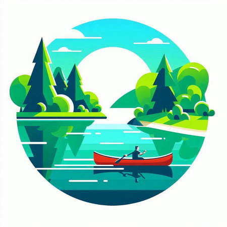 Fisherman in a boat on the lake. Vector illustration.のイラスト素材
