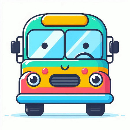 Cute school bus with sad face. Vector illustration in cartoon styleのイラスト素材