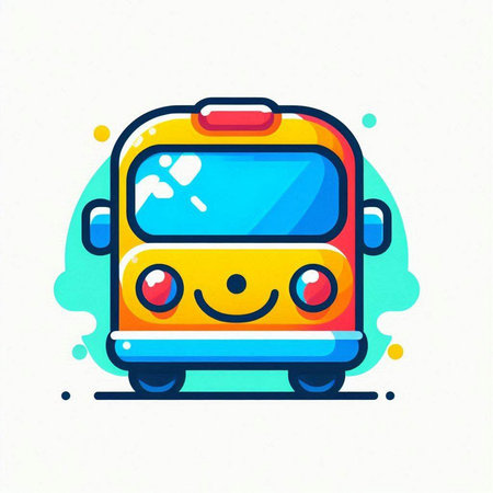 Vector illustration of cute school bus with smiling face on white background.のイラスト素材