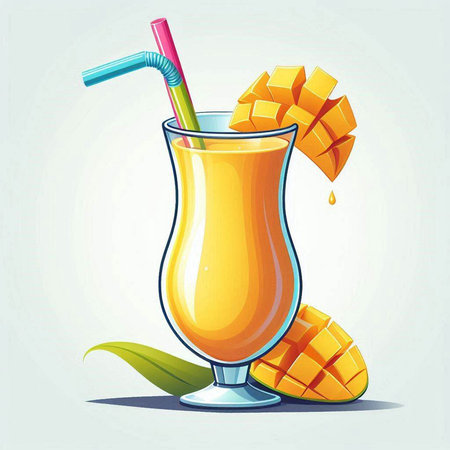 Mango smoothie with ice cubes and straw, vector illustration.のイラスト素材